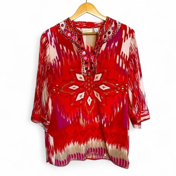 CHICO’S BEADED IKAT TUNIC WOMENS SIZE 1‎ - Picture 2 of 10